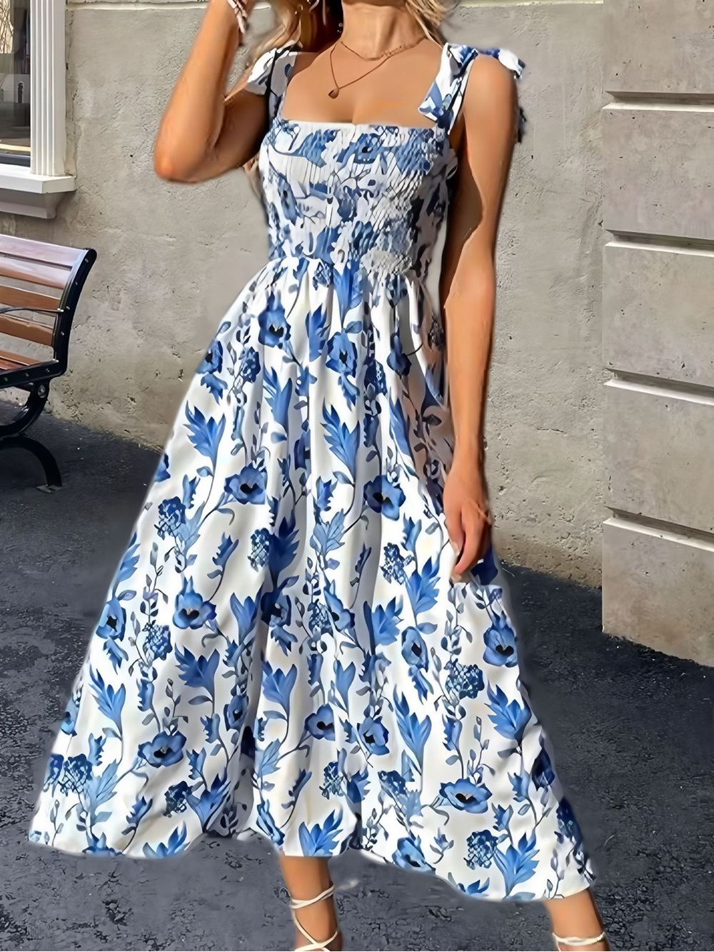 Blue Floral Tie-Shoulder Midi Dress - White & Blue